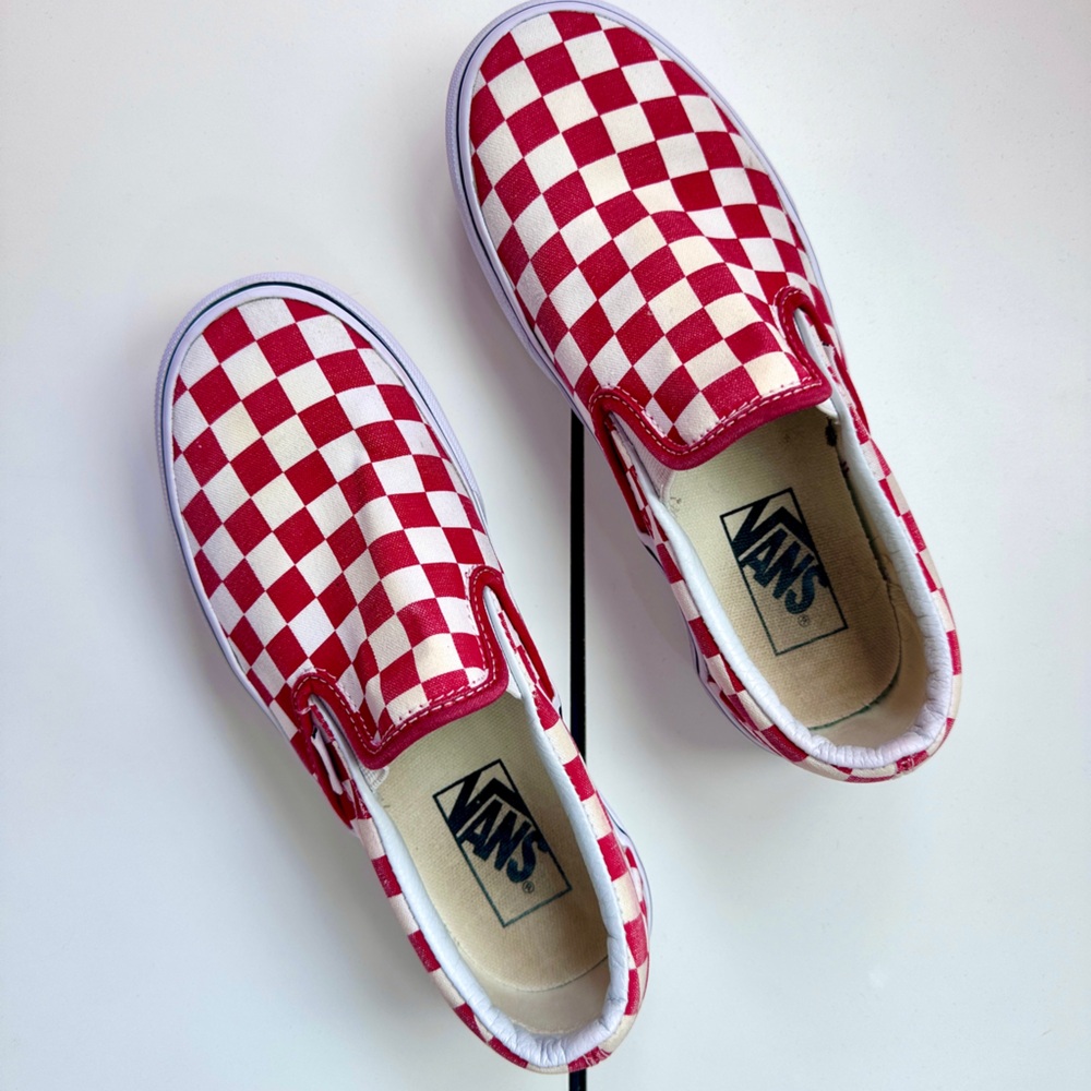 Vans Red/White Classic Slip-On Checkerboard Skate Shoes